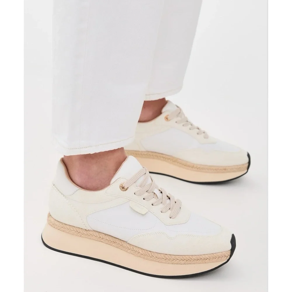 L'Agance Ivone Women's Platform Lace Up Sneakers Casual Shoes White Beige US 10
